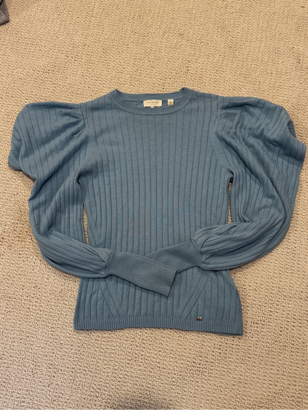 Ted Baker Slate Blue Ribbed Puff-Sleeve Sweater